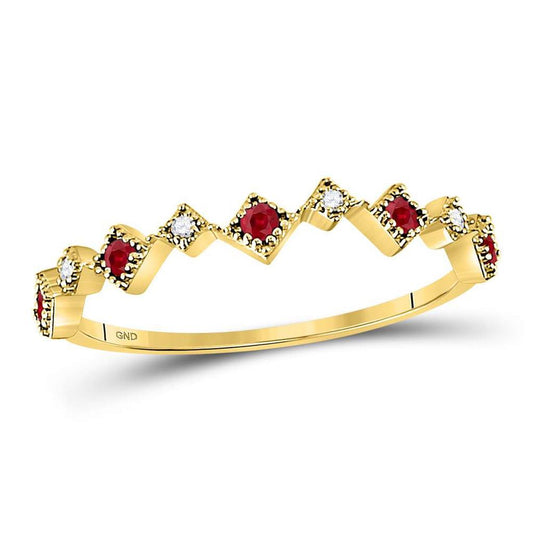 10k Yellow Gold Round Ruby Diamond Milgrain Square Stackable Band Ring 1/8 Cttw