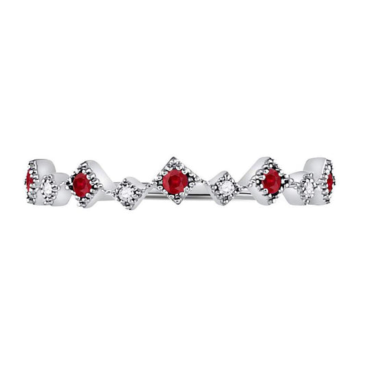 14k White Gold Round Ruby Diamond Milgrain Square Stackable Band Ring 1/8 Cttw