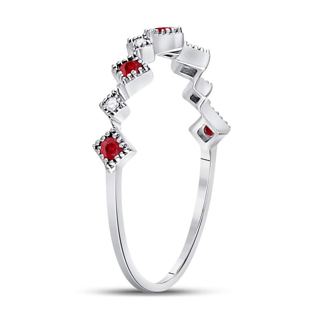14k White Gold Round Ruby Diamond Milgrain Square Stackable Band Ring 1/8 Cttw