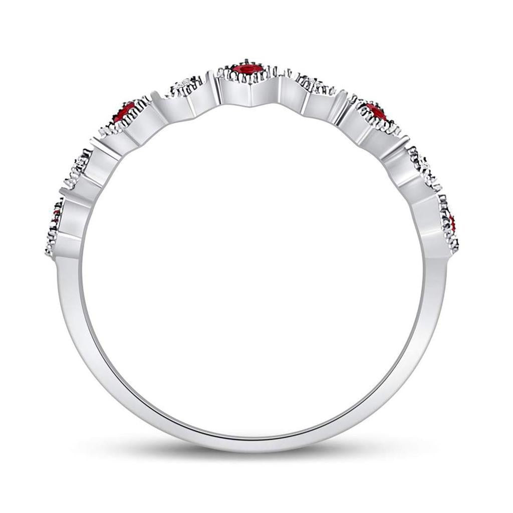 14k White Gold Round Ruby Diamond Milgrain Square Stackable Band Ring 1/8 Cttw