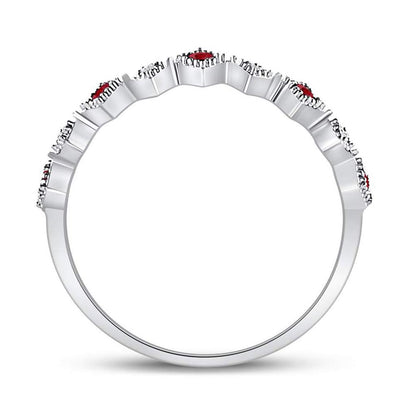 14k White Gold Round Ruby Diamond Milgrain Square Stackable Band Ring 1/8 Cttw