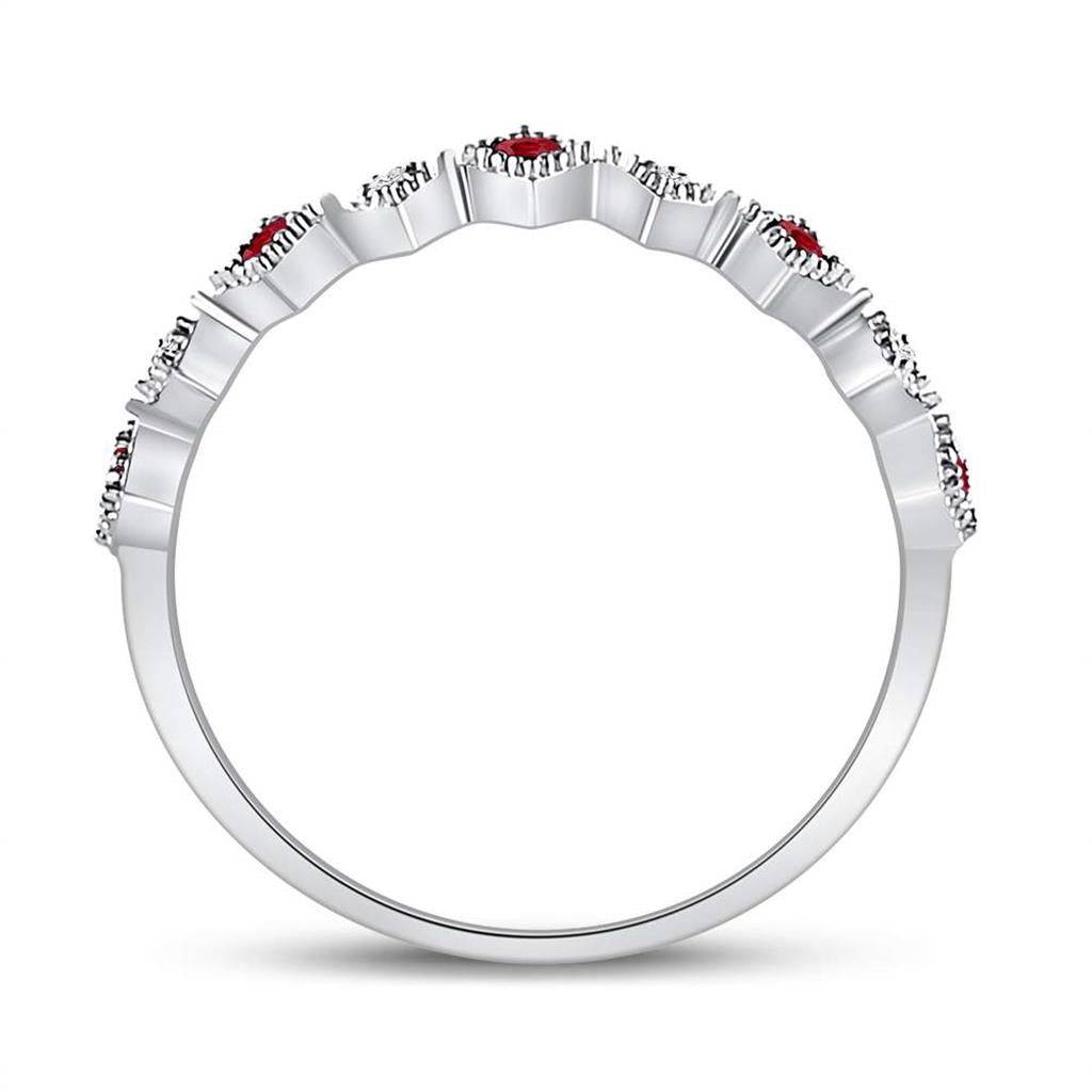 14k White Gold Round Ruby Diamond Milgrain Square Stackable Band Ring 1/8 Cttw