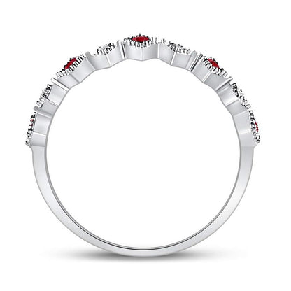 14k White Gold Round Ruby Diamond Milgrain Square Stackable Band Ring 1/8 Cttw