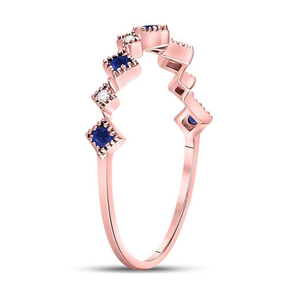 10k Rose Gold Round Blue Sapphire Diamond Stackable Band Ring 1/5 Cttw
