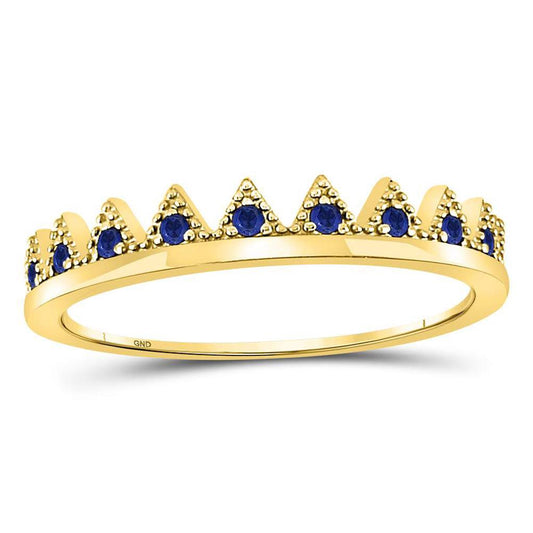 10kt Yellow Gold Round Blue Sapphire Chevron Stackable Band Ring 1/10 Cttw