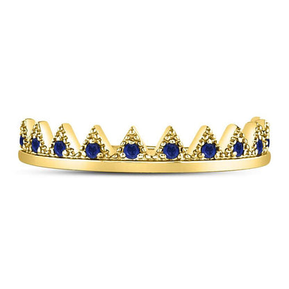10kt Yellow Gold Round Blue Sapphire Chevron Stackable Band Ring 1/10 Cttw