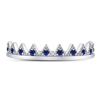 14kt White Gold Round Blue Sapphire Chevron Stackable Band Ring 1/10 Cttw