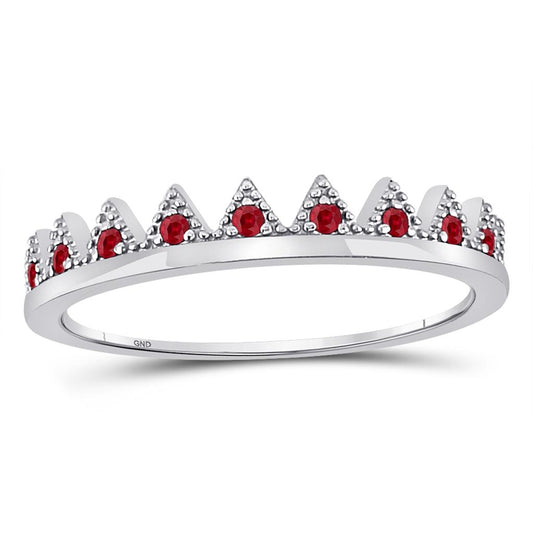 14kt White Gold Round Ruby Beaded Chevron Stackable Band Ring 1/10 Cttw