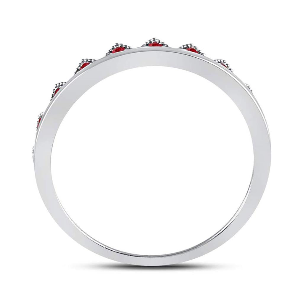 14kt White Gold Round Ruby Beaded Chevron Stackable Band Ring 1/10 Cttw