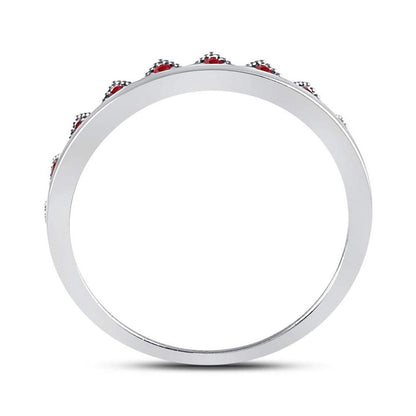 14kt White Gold Round Ruby Beaded Chevron Stackable Band Ring 1/10 Cttw