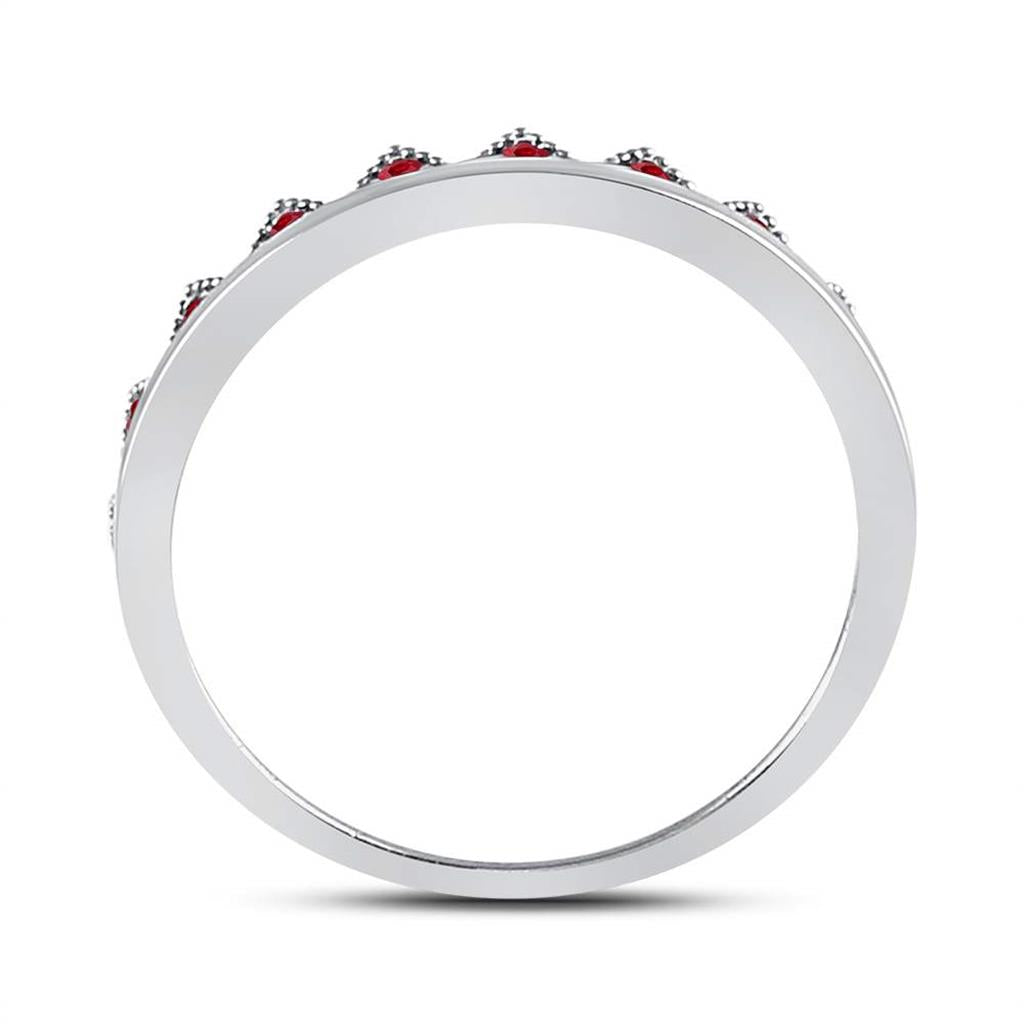 14kt White Gold Round Ruby Beaded Chevron Stackable Band Ring 1/10 Cttw