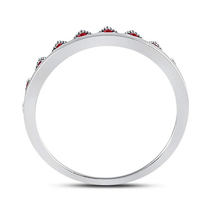 14kt White Gold Round Ruby Beaded Chevron Stackable Band Ring 1/10 Cttw