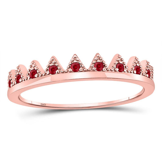 10kt Rose Gold Round Ruby Beaded Chevron Stackable Band Ring 1/10 Cttw