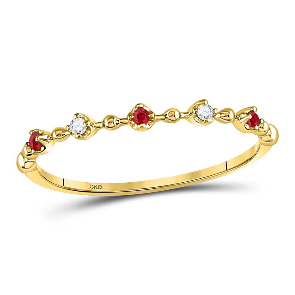 10k Yellow Gold Round Ruby Diamond Beaded Stackable Band Ring 1/20 Cttw