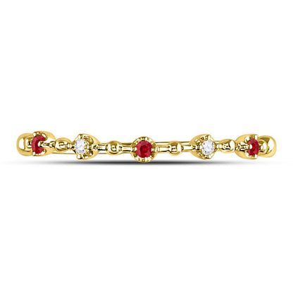 10k Yellow Gold Round Ruby Diamond Beaded Stackable Band Ring 1/20 Cttw