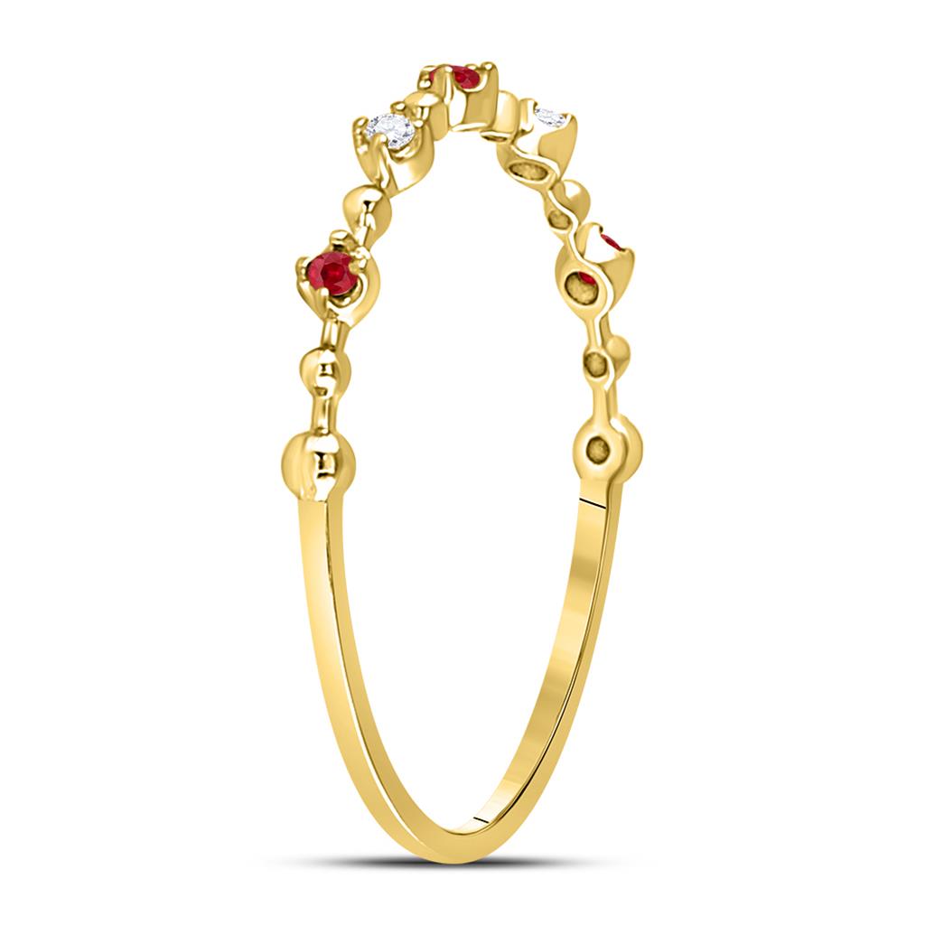 10k Yellow Gold Round Ruby Diamond Beaded Stackable Band Ring 1/20 Cttw