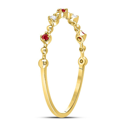 10k Yellow Gold Round Ruby Diamond Beaded Stackable Band Ring 1/20 Cttw