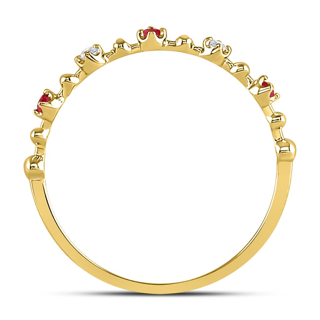 10k Yellow Gold Round Ruby Diamond Beaded Stackable Band Ring 1/20 Cttw