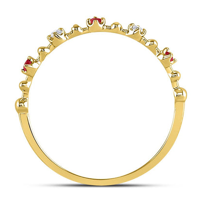 10k Yellow Gold Round Ruby Diamond Beaded Stackable Band Ring 1/20 Cttw
