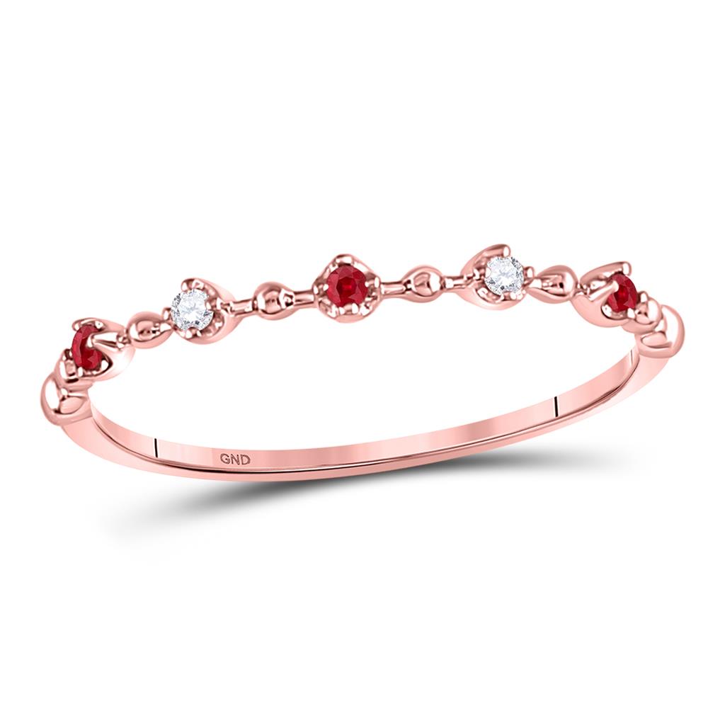 10k Rose Gold Round Ruby Diamond Beaded Stackable Band Ring 1/20 Cttw