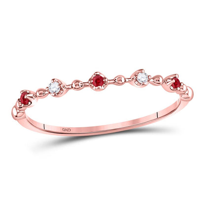 10k Rose Gold Round Ruby Diamond Beaded Stackable Band Ring 1/20 Cttw