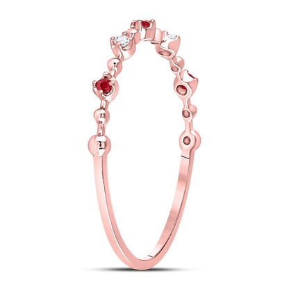 10k Rose Gold Round Ruby Diamond Beaded Stackable Band Ring 1/20 Cttw