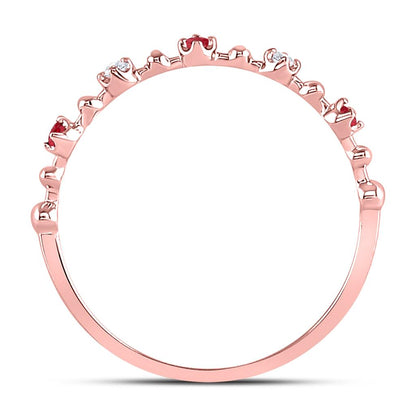 10k Rose Gold Round Ruby Diamond Beaded Stackable Band Ring 1/20 Cttw