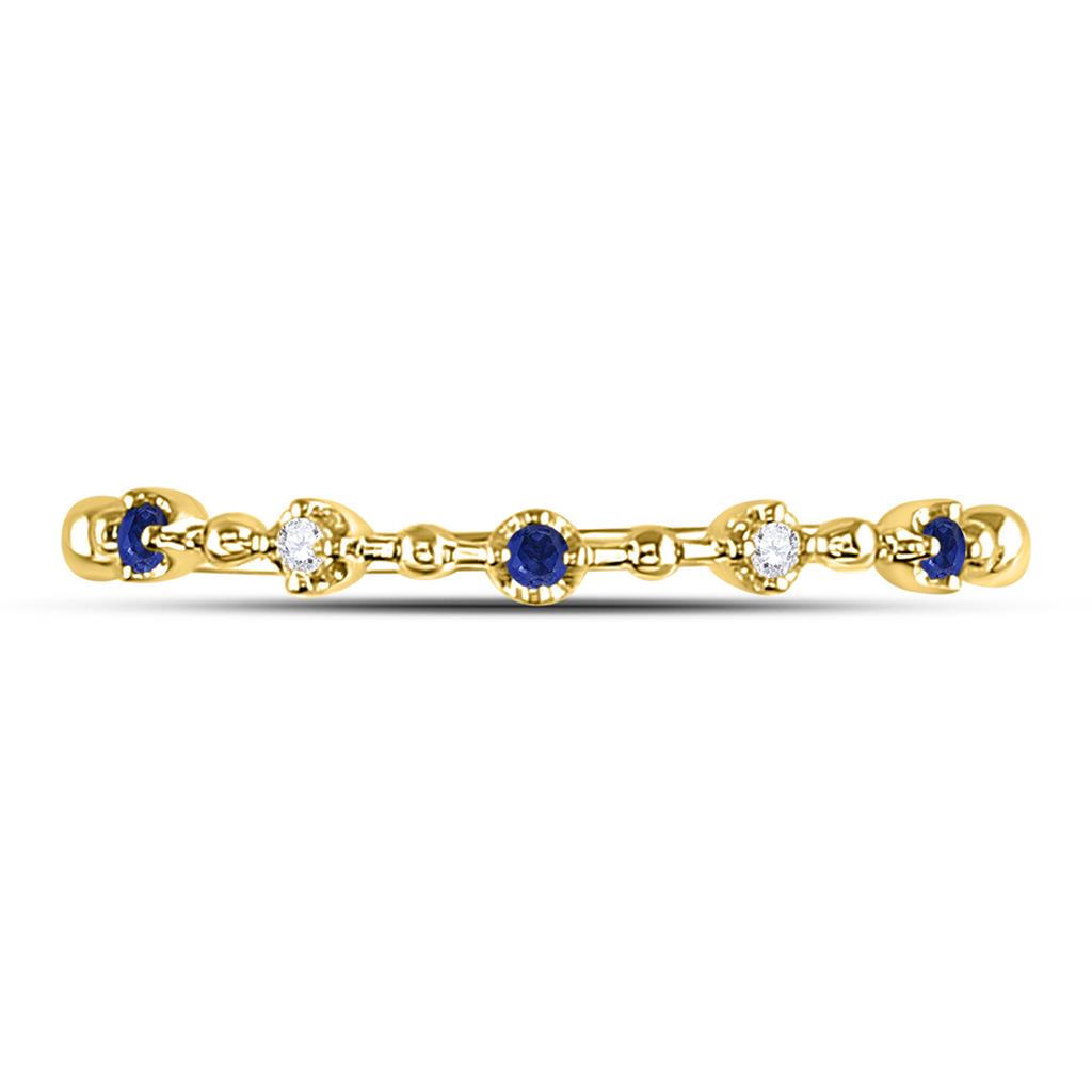 10k Yellow Gold Round Blue Sapphire Diamond Beaded Stackable Band Ring 1/20 Cttw