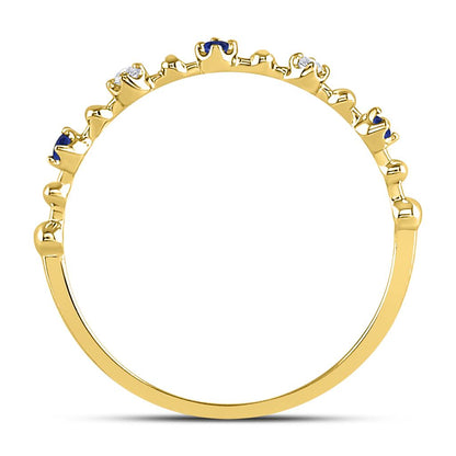 10k Yellow Gold Round Blue Sapphire Diamond Beaded Stackable Band Ring 1/20 Cttw