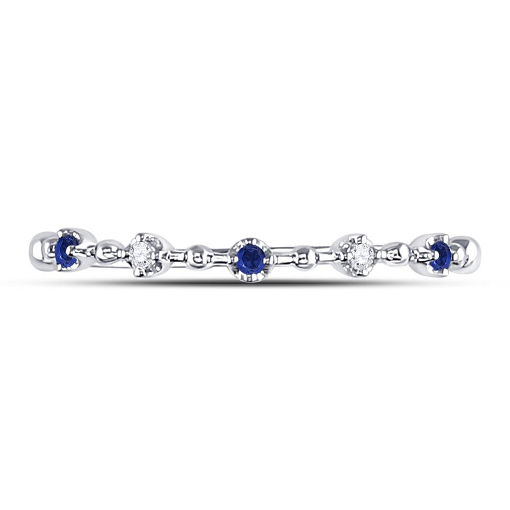 14k White Gold Round Blue Sapphire Diamond Beaded Stackable Band Ring 1/20 Cttw