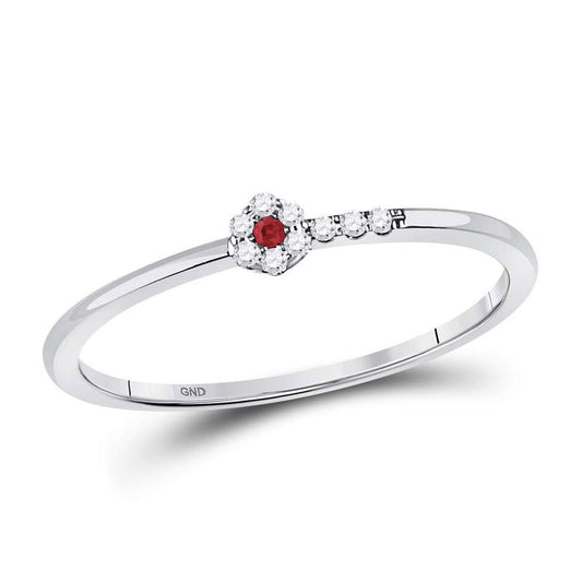 14kt White Gold Round Ruby Diamond Stackable Band Ring 1/20 Cttw
