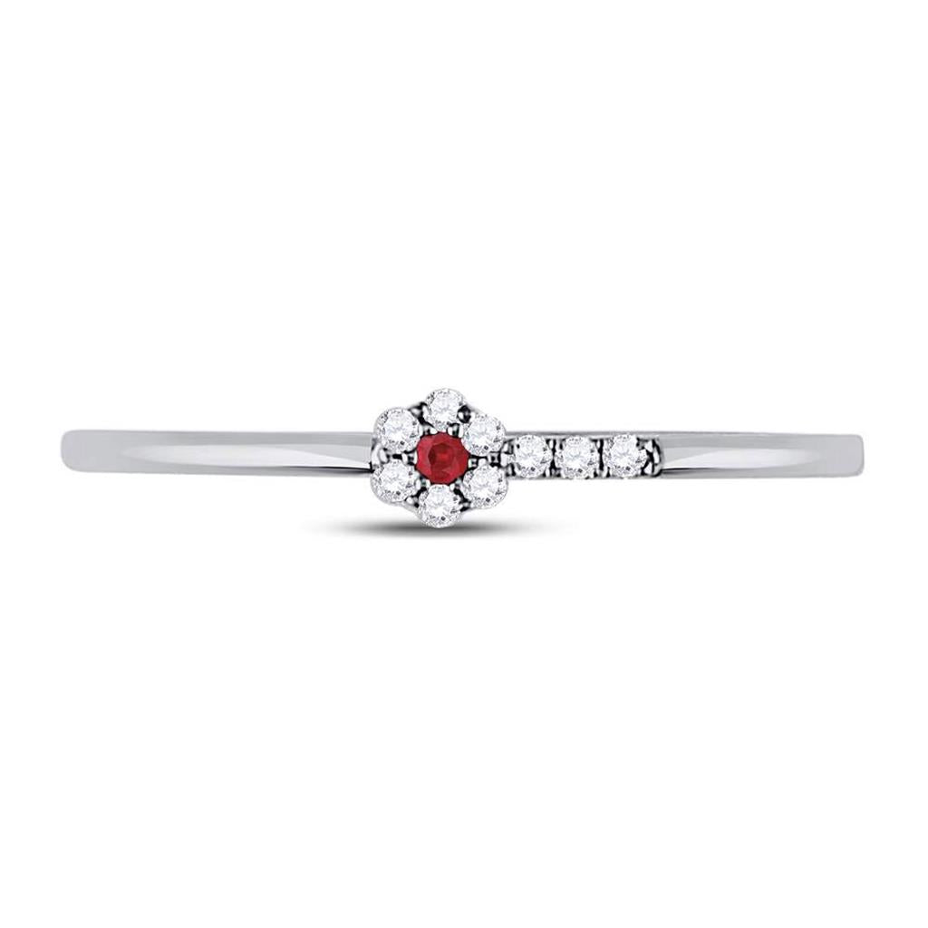 14kt White Gold Round Ruby Diamond Stackable Band Ring 1/20 Cttw