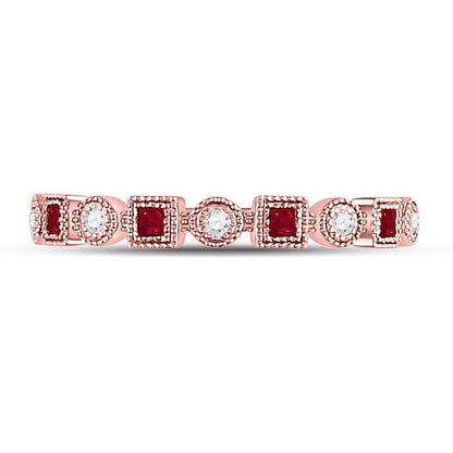 10k Rose Gold Princess Ruby Diamond Square Dot Milgrain Stackable Band Ring 1/8 Cttw