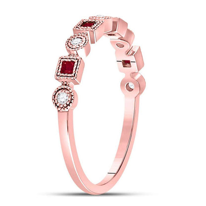 10k Rose Gold Princess Ruby Diamond Square Dot Milgrain Stackable Band Ring 1/8 Cttw