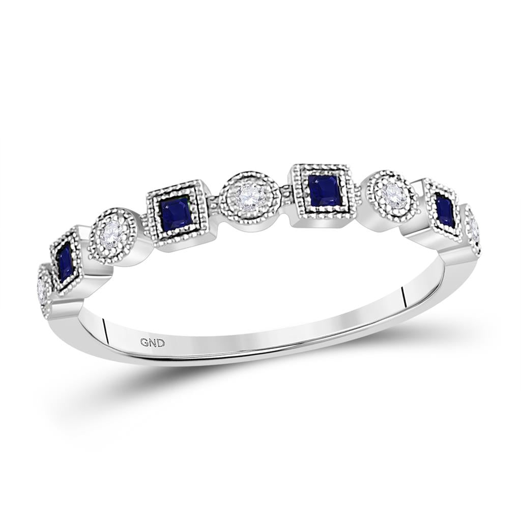 14k White Gold Princess Blue Sapphire Diamond Stackable Band Ring 1/8 Cttw