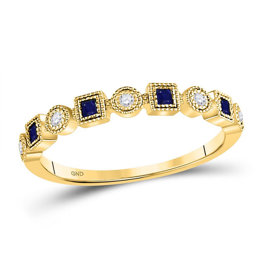 10k Yellow Gold Princess Blue Sapphire Diamond Stackable Band Ring 1/8 Cttw