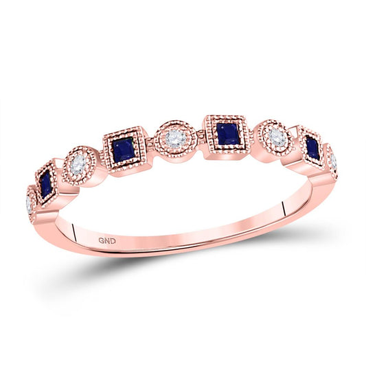10k Rose Gold Princess Blue Sapphire Diamond Stackable Band Ring 1/8 Cttw