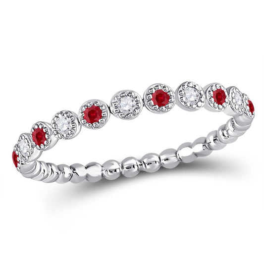 14k White Gold Round Ruby Diamond Beaded Dot Stackable Band Ring 1/6 Cttw