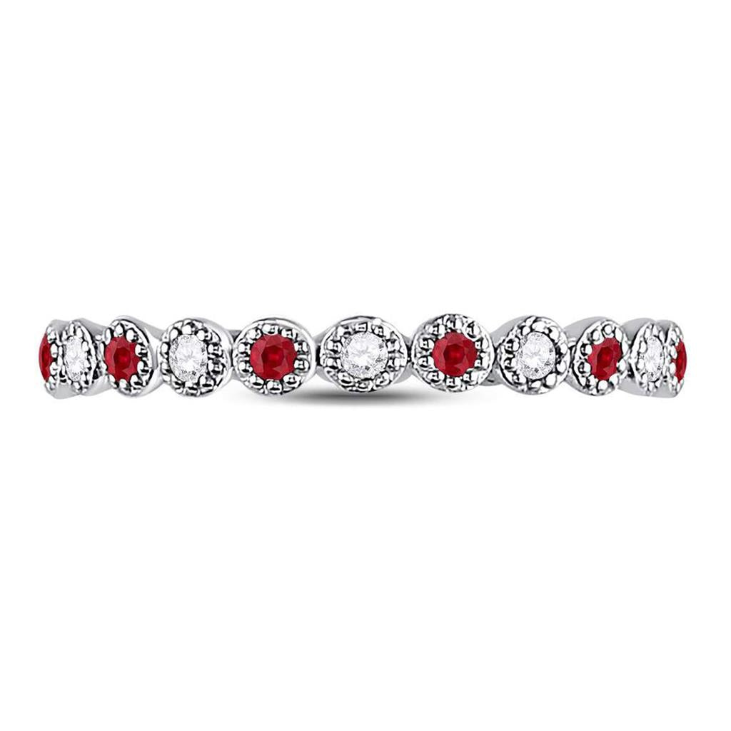 14k White Gold Round Ruby Diamond Beaded Dot Stackable Band Ring 1/6 Cttw