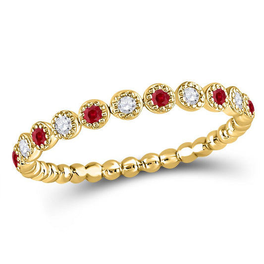 10k Yellow Gold Round Ruby Diamond Beaded Dot Stackable Band Ring 1/6 Cttw