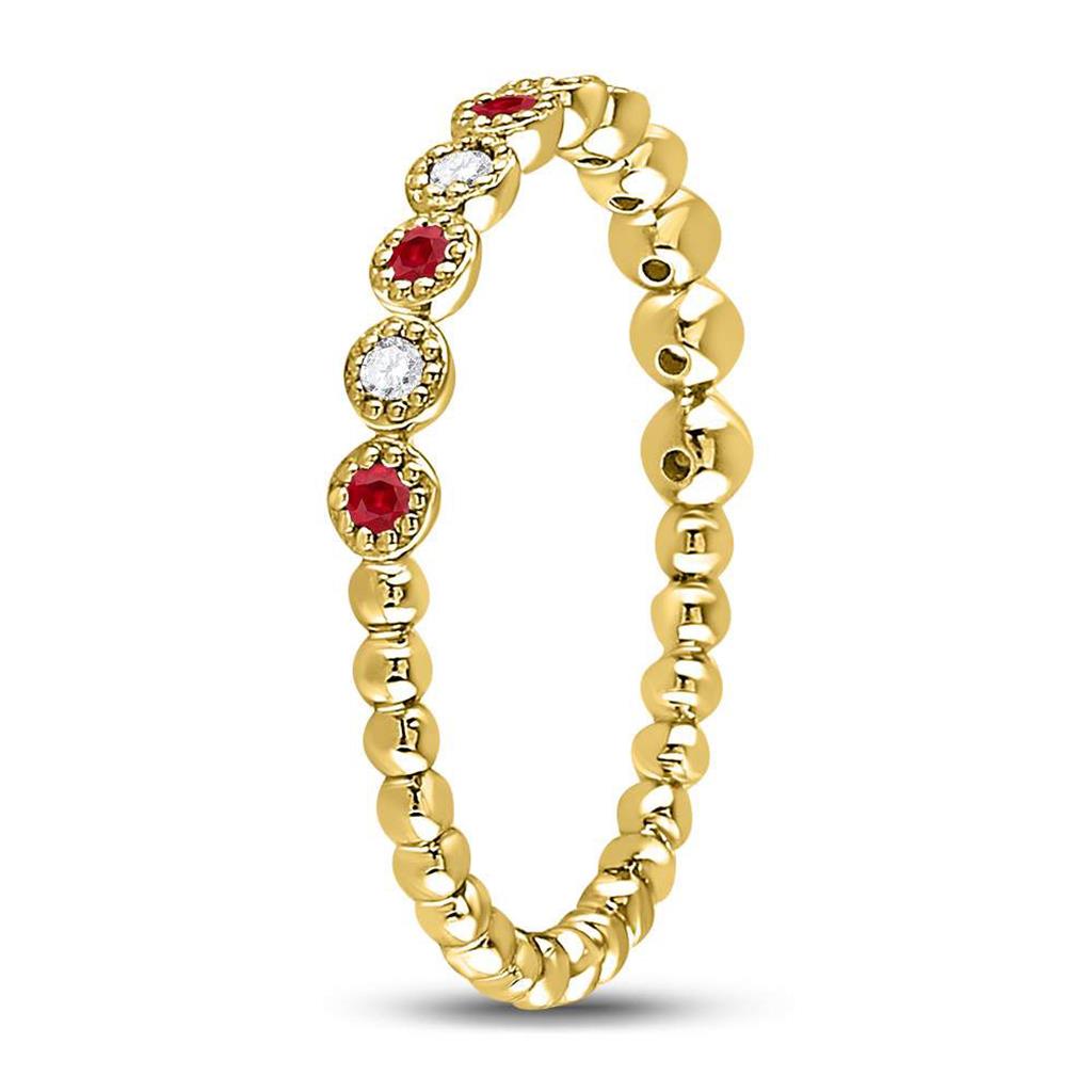 10k Yellow Gold Round Ruby Diamond Beaded Dot Stackable Band Ring 1/6 Cttw