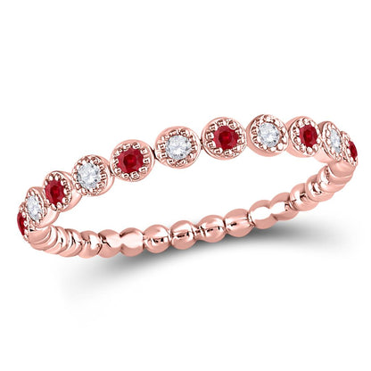 10kt Rose Gold Round Ruby Diamond Beaded Dot Stackable Band Ring 1/6 Cttw