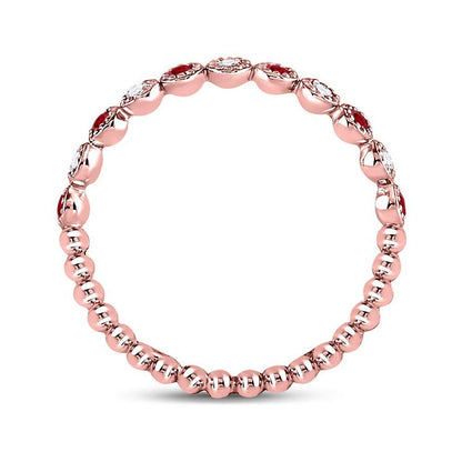 10kt Rose Gold Round Ruby Diamond Beaded Dot Stackable Band Ring 1/6 Cttw