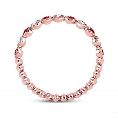 10kt Rose Gold Round Ruby Diamond Beaded Dot Stackable Band Ring 1/6 Cttw