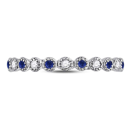 14kt White Gold Round Blue Sapphire Diamond Beaded Dot Stackable Band Ring