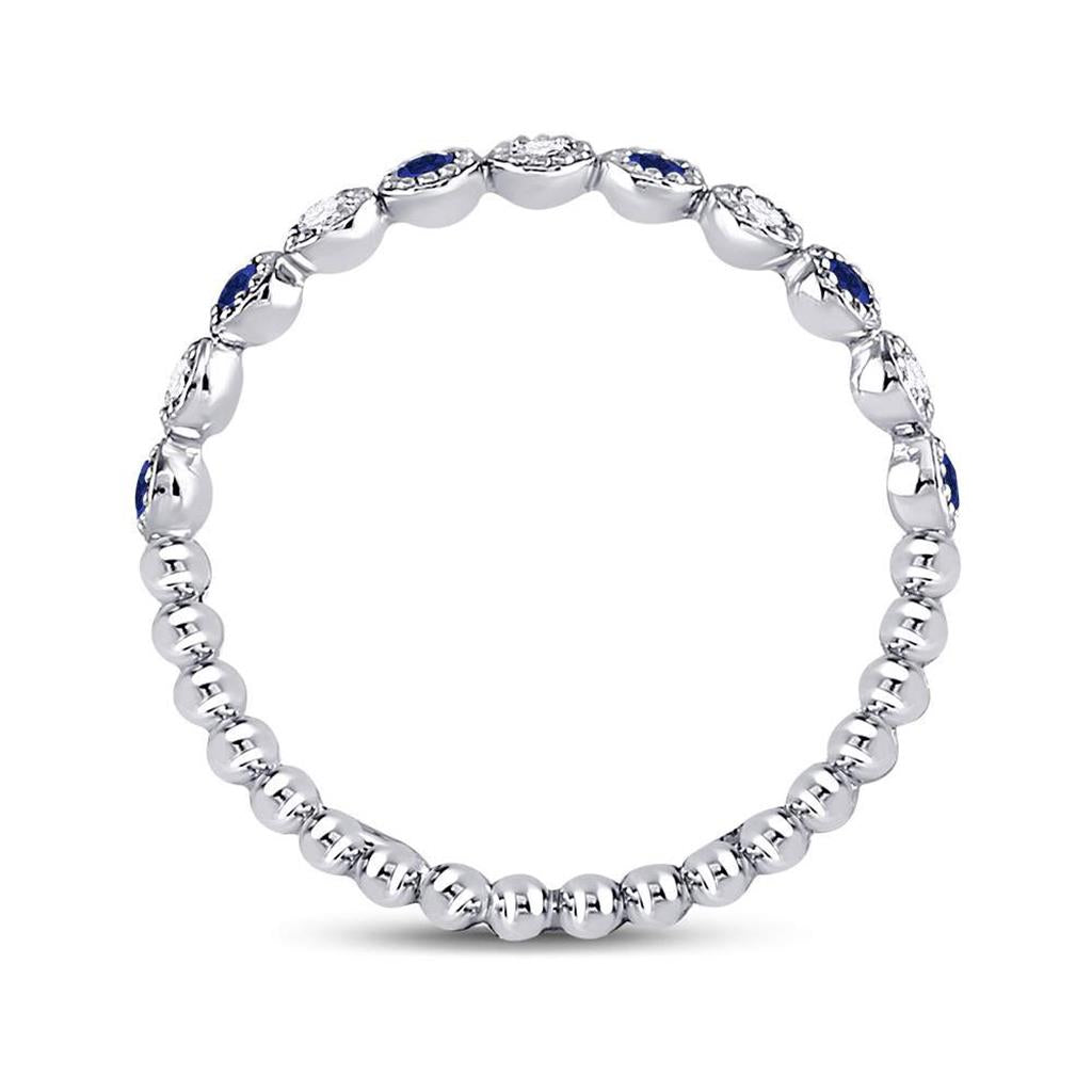 14kt White Gold Round Blue Sapphire Diamond Beaded Dot Stackable Band Ring
