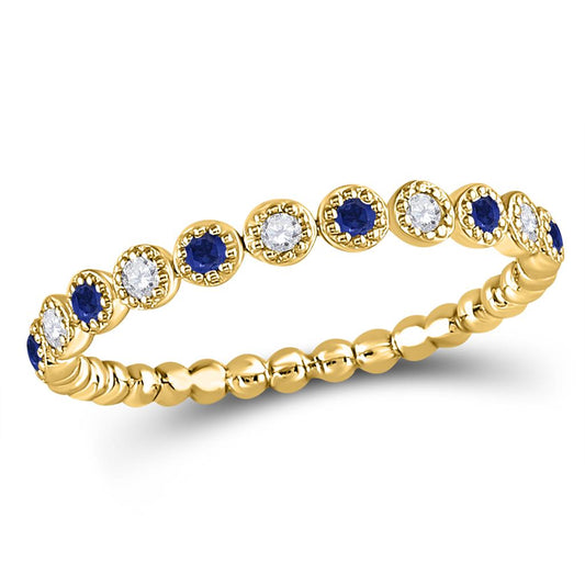 10k Yellow Gold Round Blue Sapphire Diamond Beaded Dot Stackable Band Ring 1/6 Cttw