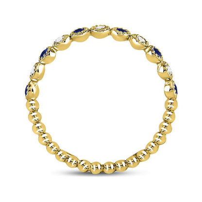 10k Yellow Gold Round Blue Sapphire Diamond Beaded Dot Stackable Band Ring 1/6 Cttw