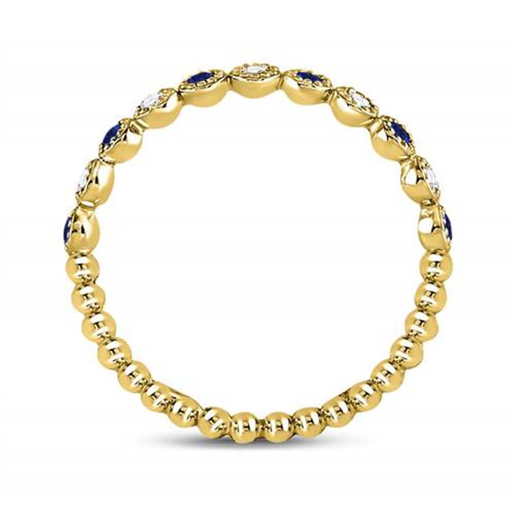10k Yellow Gold Round Blue Sapphire Diamond Beaded Dot Stackable Band Ring 1/6 Cttw