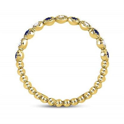 10k Yellow Gold Round Blue Sapphire Diamond Beaded Dot Stackable Band Ring 1/6 Cttw
